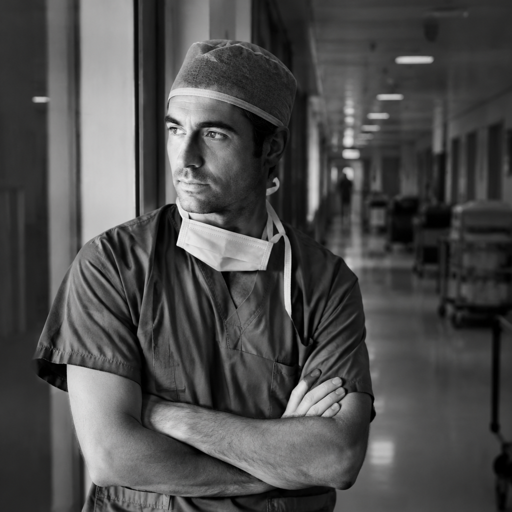 Surgeon in scrubs standing in a hospital corridor