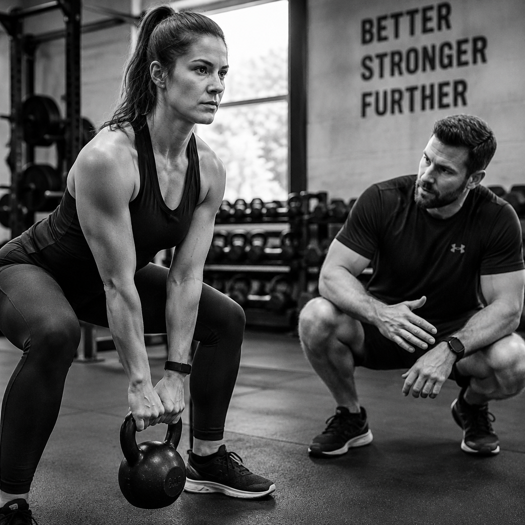 Fitness coach guiding a client through a kettlebell exercise