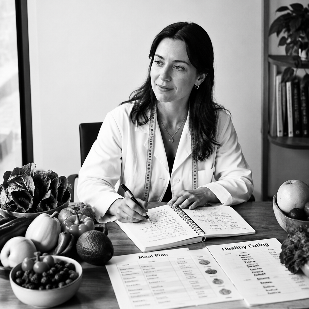 Dietitian writing a meal plan surrounded by fresh food