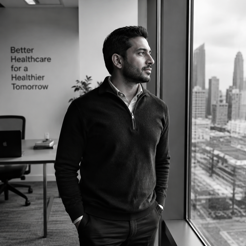 Healthcare founder in his office looking over the city