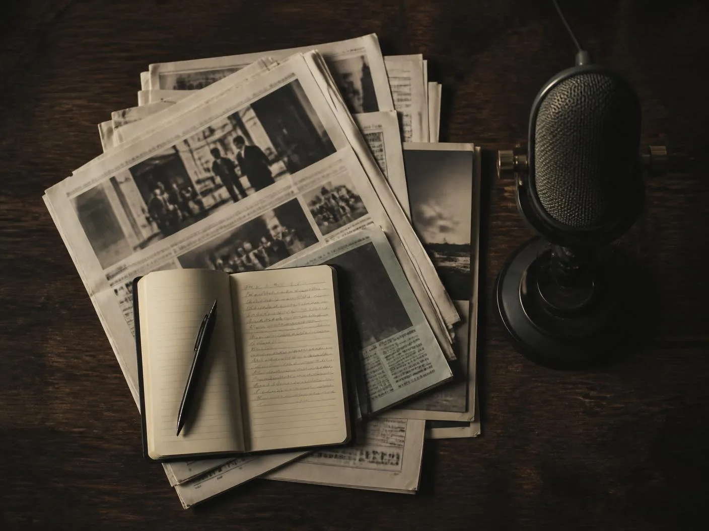 Newspapers and editorial research on a desk