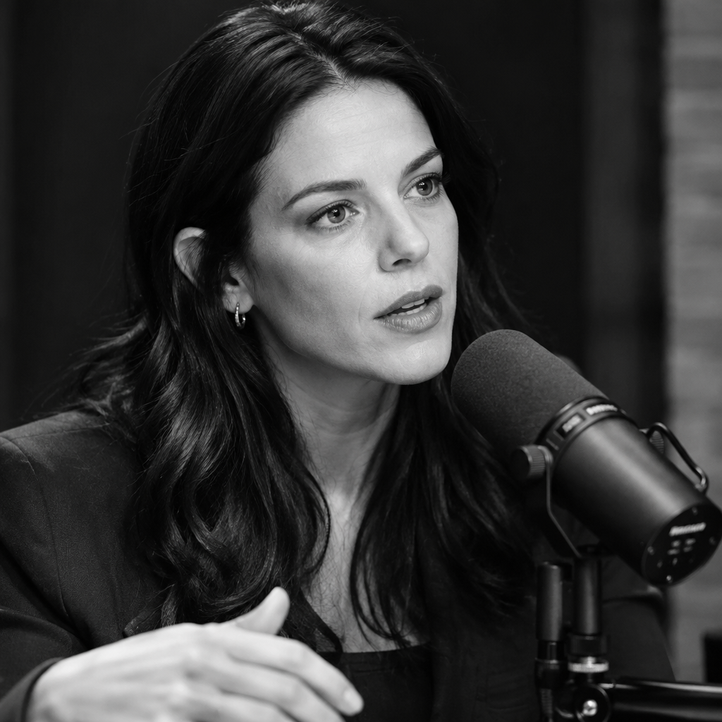 Expert guest speaking into a studio podcast microphone