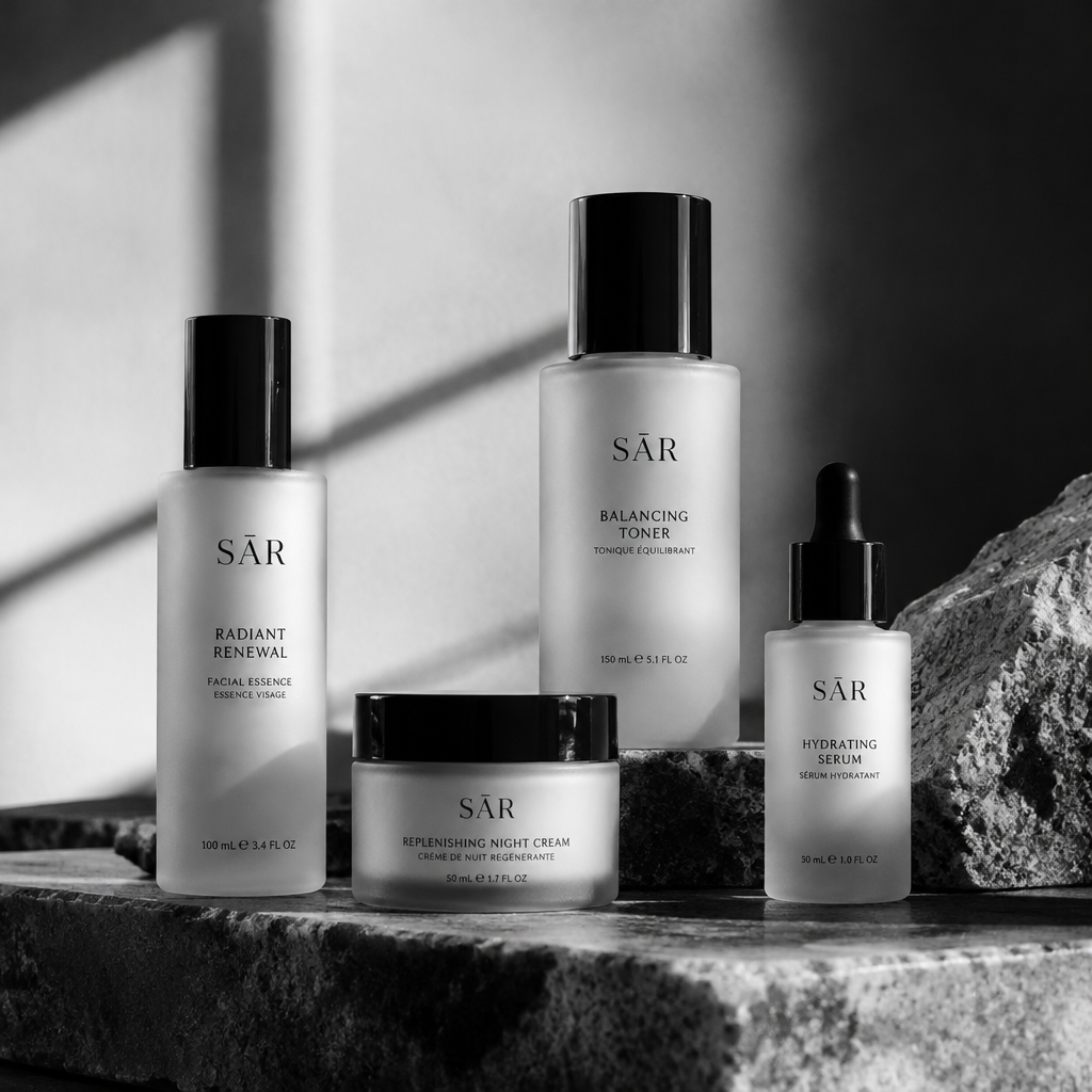 Skincare bottles and creams arranged in soft window light