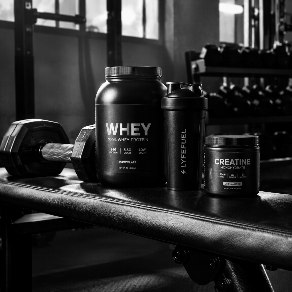 Protein and creatine supplements on a gym bench